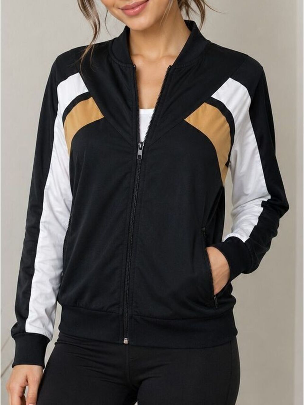 MTA Sport Women's Small Track Jacket Black White Gold Full Zip Activewear